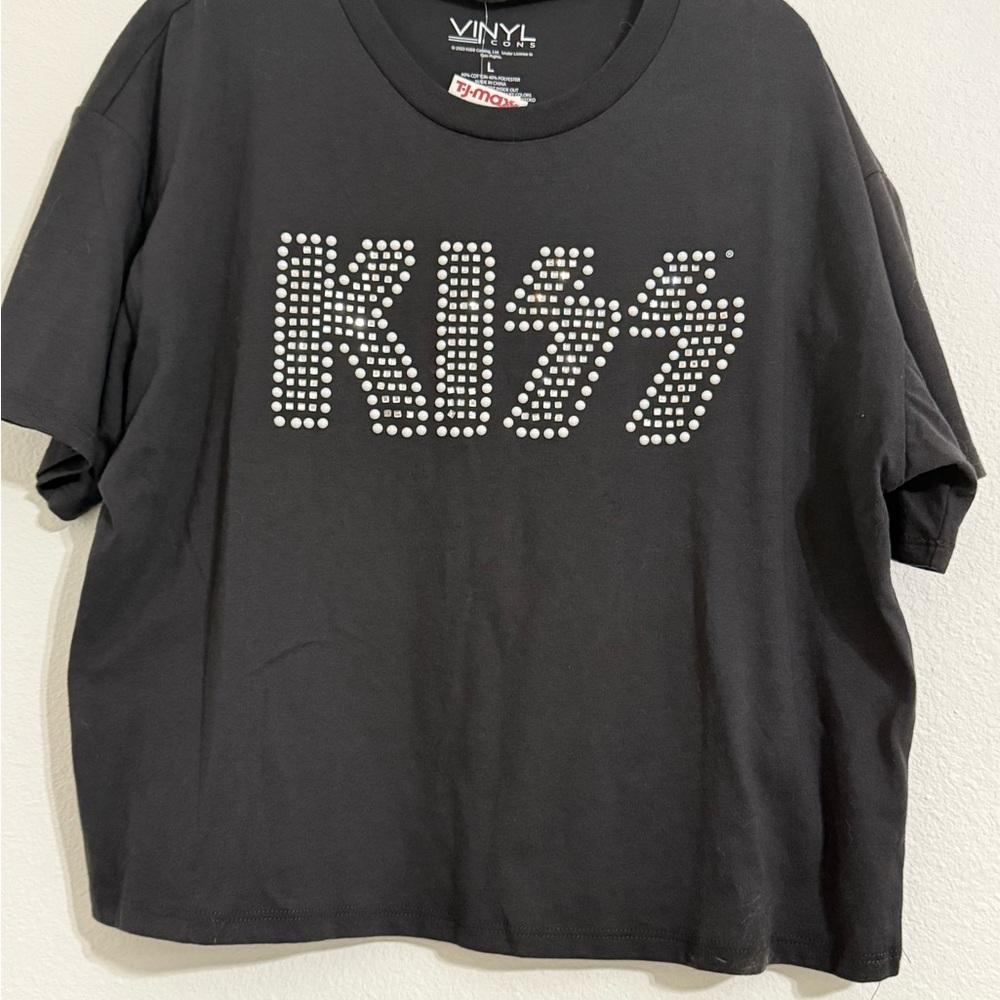 Gray KISS Crop Top with Rhinestone Embellishments